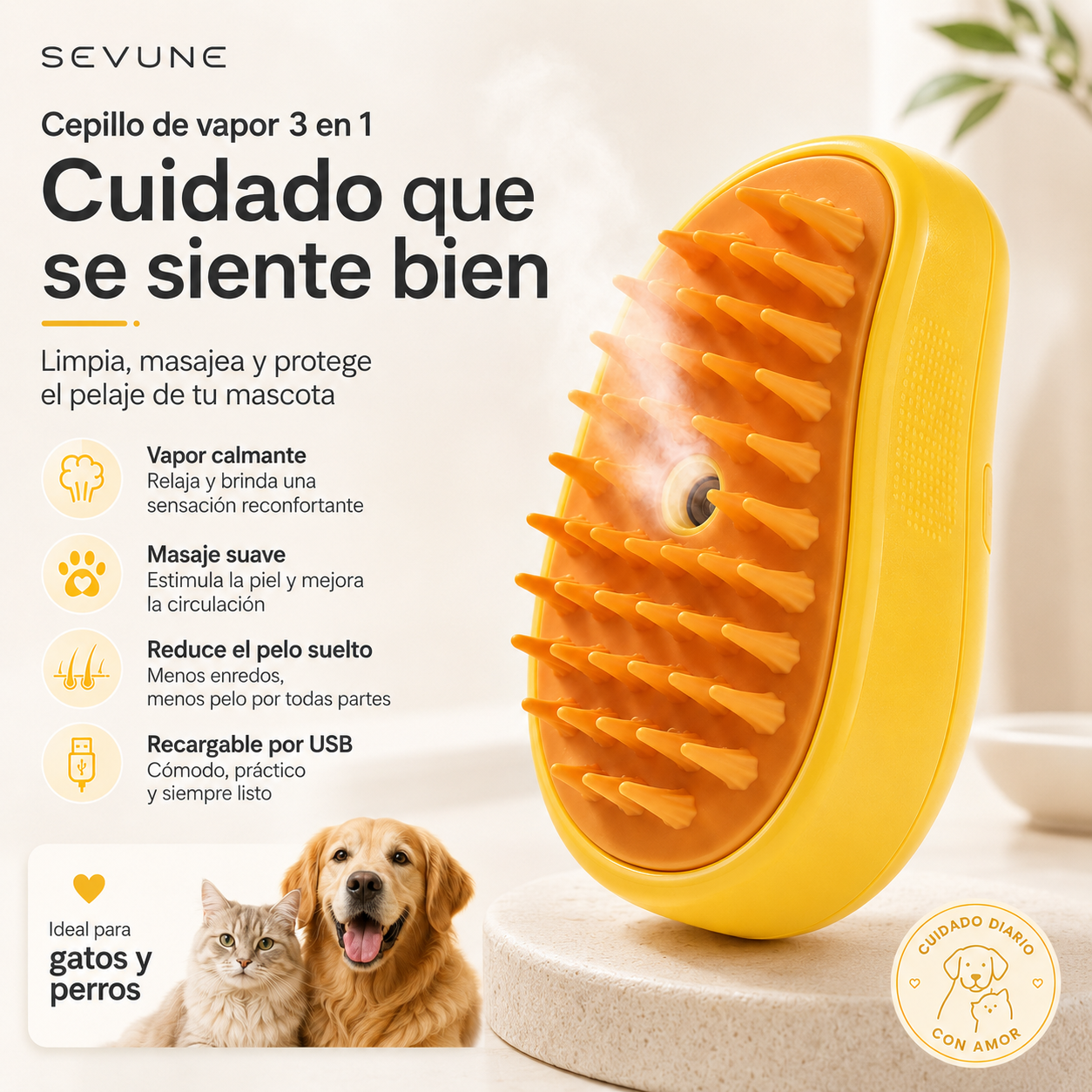 SEVUNE Cepillo Removedor de Pelo con vapor para Mascotas