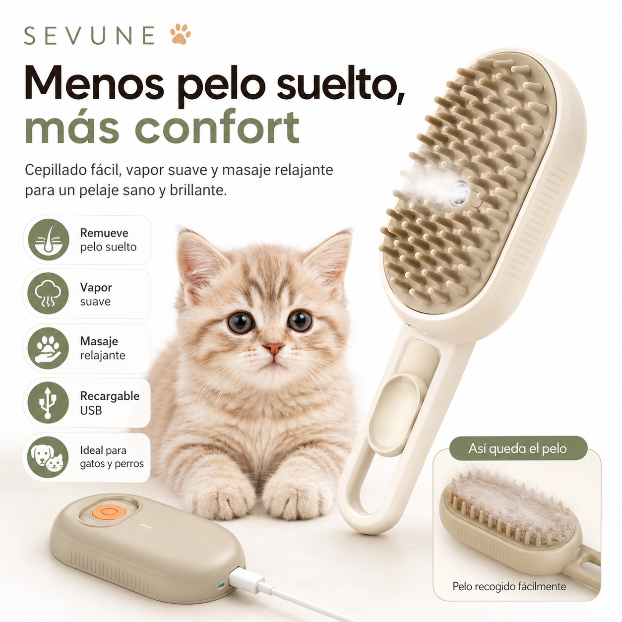 SEVUNE Cepillo Removedor de Pelo con vapor para Mascotas